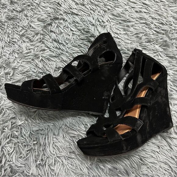 Top Moda Black Open Toe Strappy Wedges Size 8 - Picture 10 of 10